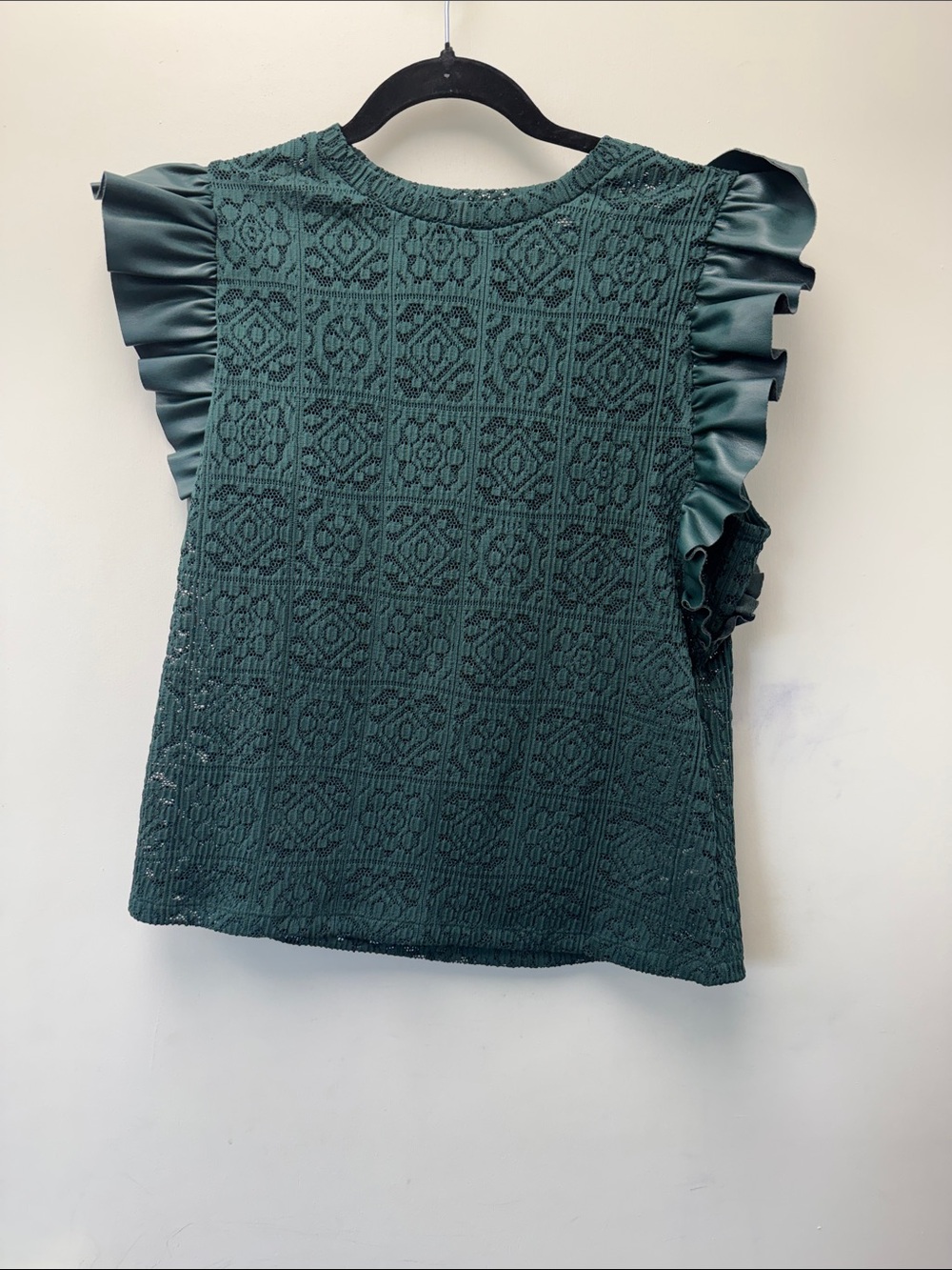 Marc New York Emerald Green Textured Knit Shell with Faux Leather Ruffle Sleeves